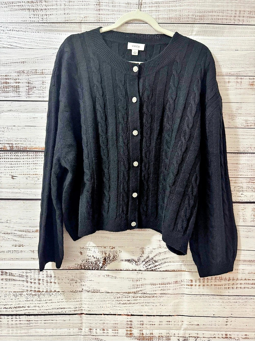 CeCe Cable Knit Cardigan in Black XL NWT